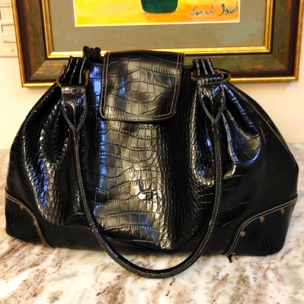 LOWEST $ VTG Crazy Horse Large Faux Leather Embossed Black Shoulder Bag